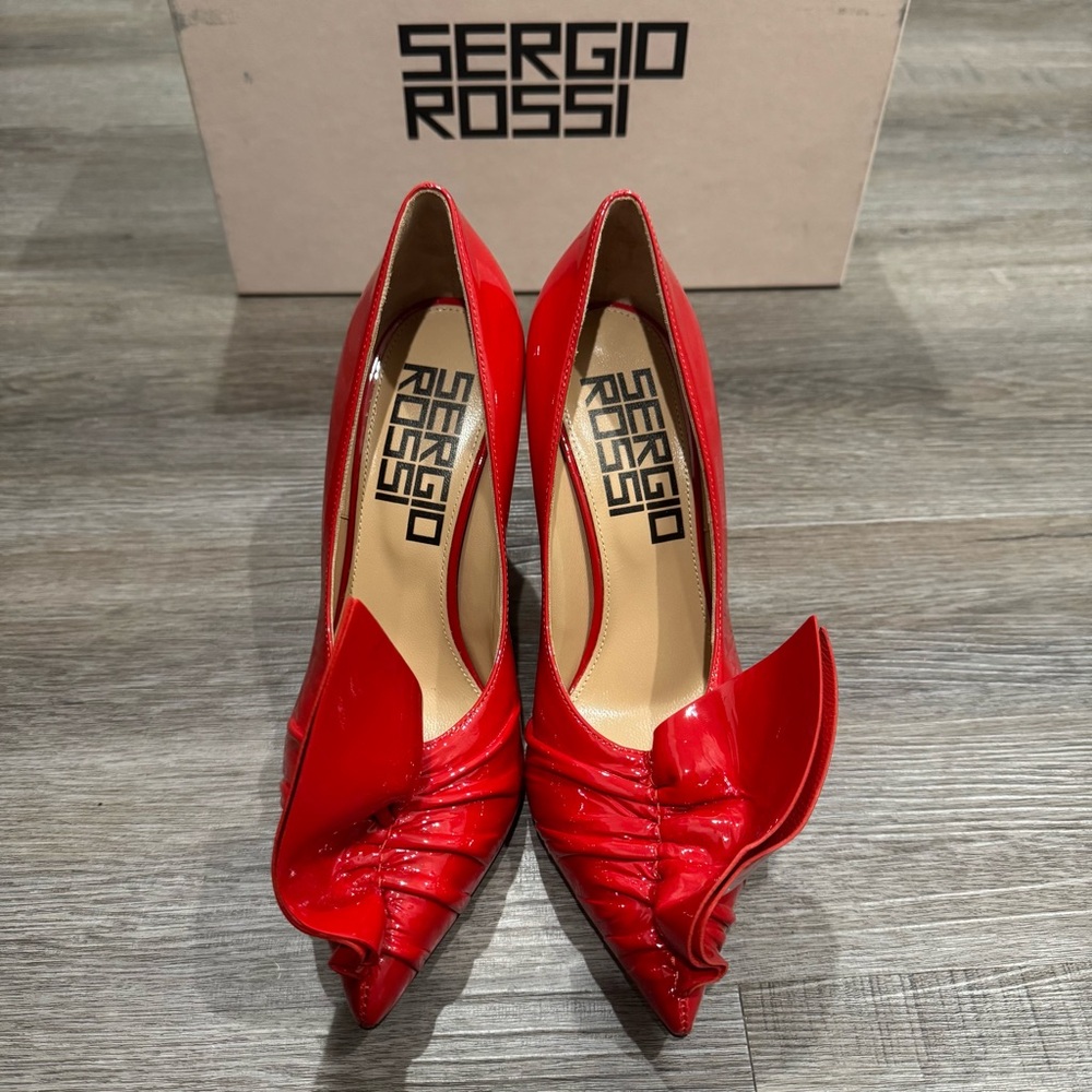 Sergio Rossi Ruffle 90 Patent Leather Red Heel Pumps